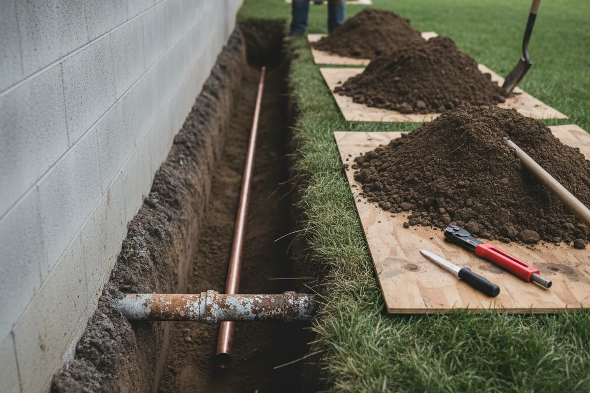 Excavated water line trench during Water Softener Installation in Smoaks